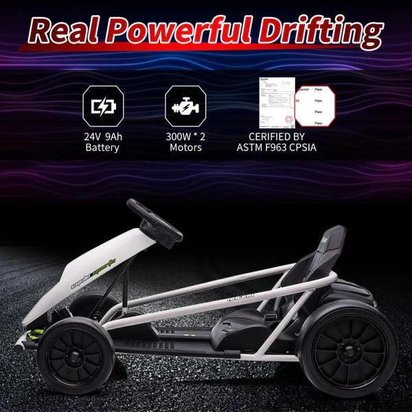 24V Go Kart for Kids 8-12, 300W*2 Motors, 9Ah Battery, 8MPH Speed, Music, Horn, 175lbs Max Load �� White